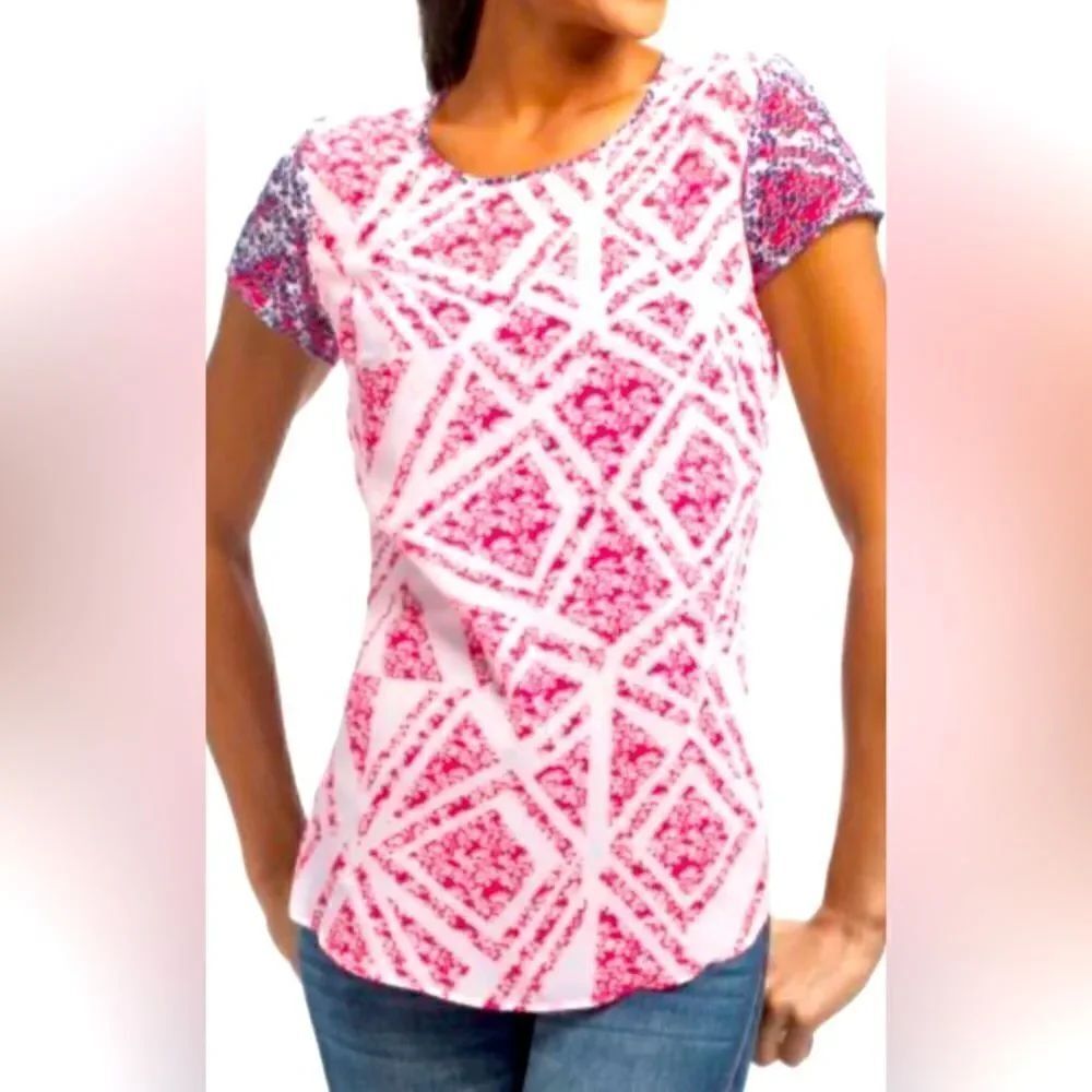 CABI #732 COQUETTE TEE CHIFFON red white blue print TUNIC TOP SHIRT BLOUSE sz S